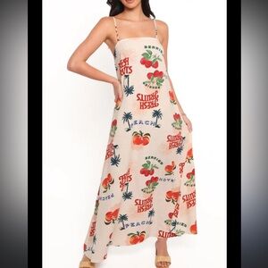 🍓NWT Anthropology Paper Heart Summer Fruit-Print Cream Maxi Dress